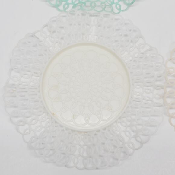 Vtg Teal Pink White Lace Lustro Ware Plastic 4 Coasters Holders Retro 1970's - Picture 7 of 16